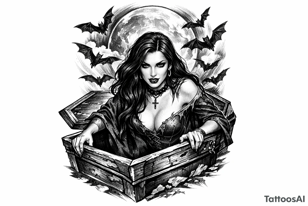 female vampire,bats,full moon,a coffin. tattoo idea
