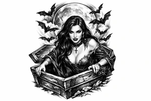 female vampire,bats,full moon,a coffin. tattoo idea