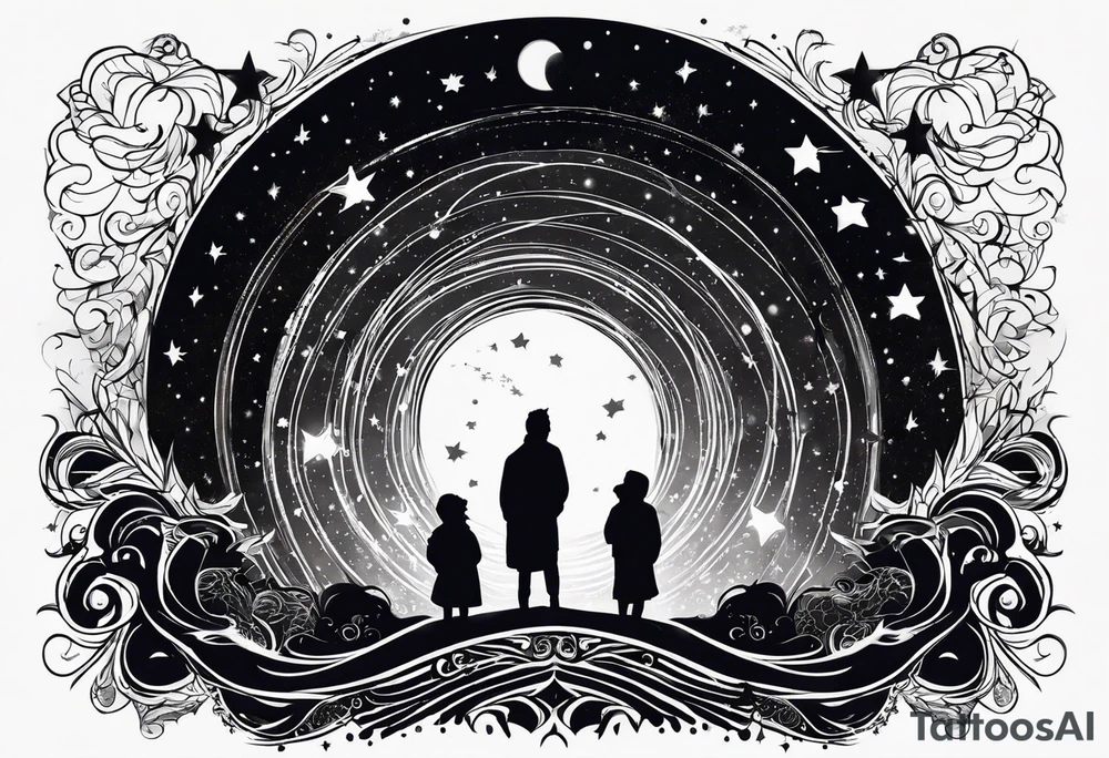 4 black figures looking up at the night sky tattoo idea