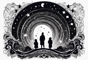4 black figures looking up at the night sky tattoo idea