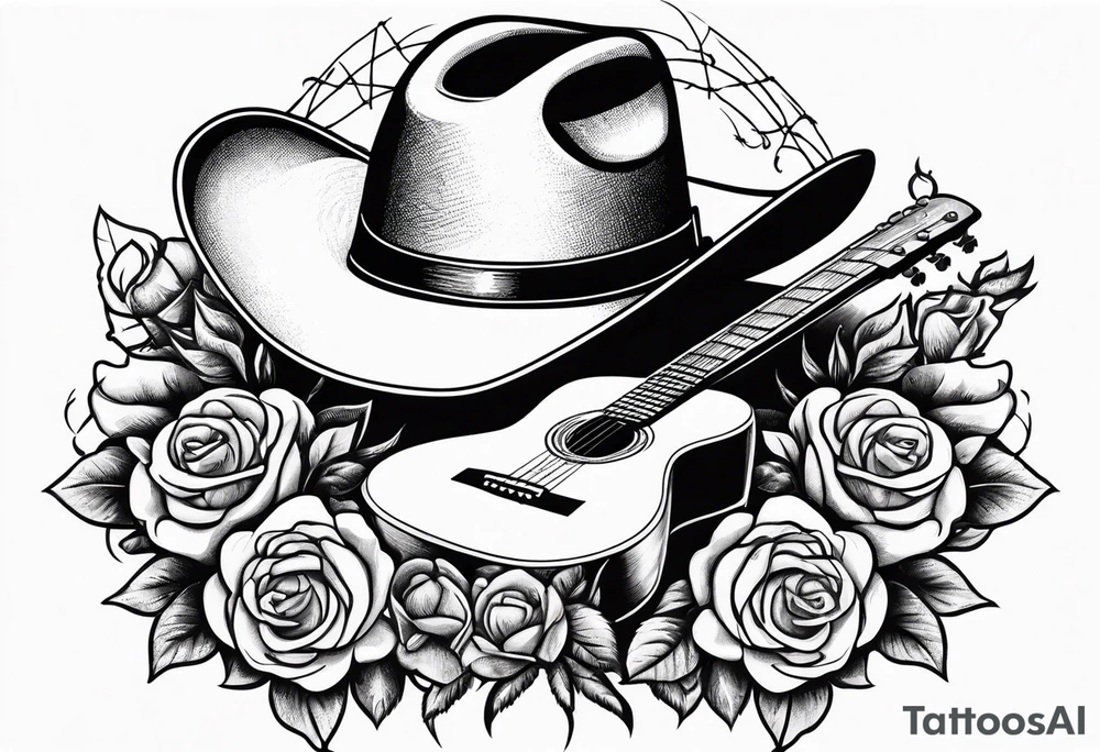 Country acoustic guitar with cowboy hat, barbed wire and roses in background tattoo idea