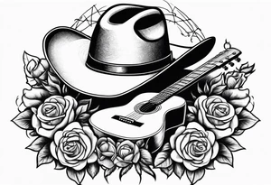 Country acoustic guitar with cowboy hat, barbed wire and roses in background tattoo idea