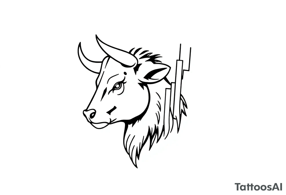 Create a minimalist black line tattoo of a bull’s head that transitions into an upward-trending candlestick stock chart. The design should have clean, fluid lines and combine the bull’s face and horns on the left, with the candlestick chart rising to the right, forming the shape of the bull’s jaw/neck. Keep the style simple and elegant, suitable for a forearm or upper arm tattoo.” tattoo idea