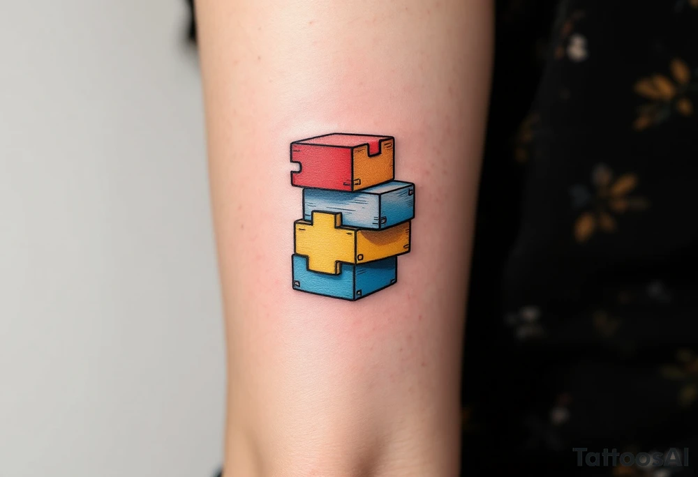 Jakoubek styled as wooden toy blocks, colored in primary red, yellow, and blue. tattoo idea