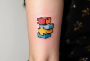 Jakoubek styled as wooden toy blocks, colored in primary red, yellow, and blue. tattoo idea