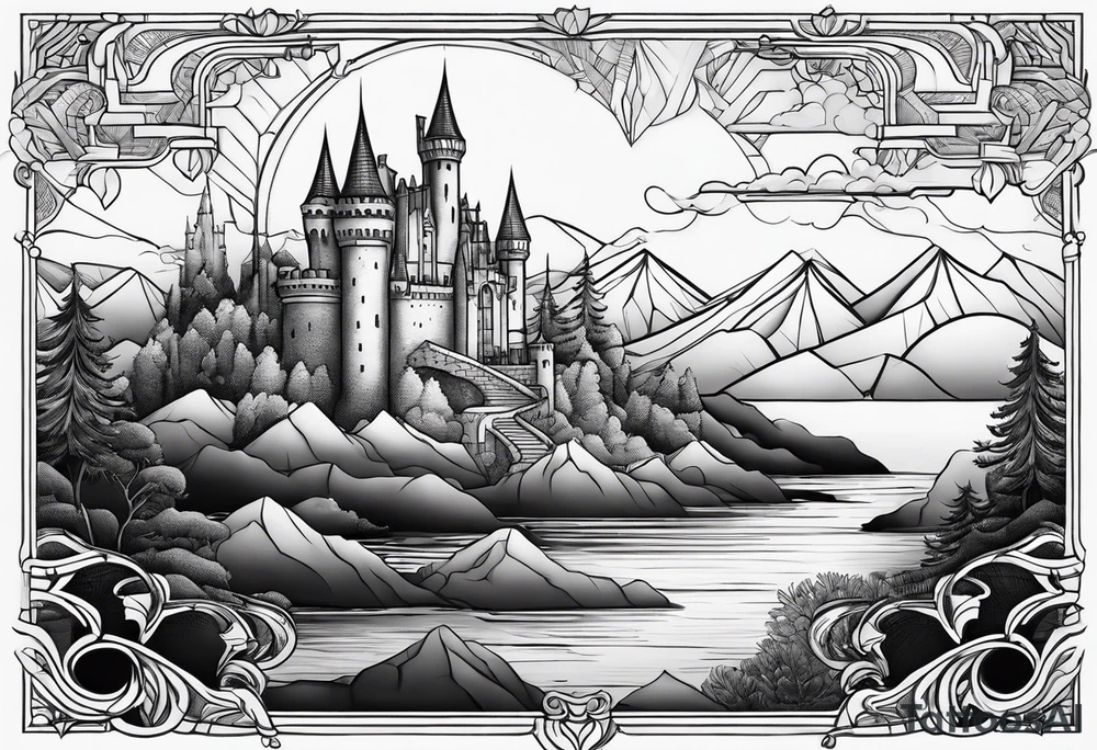 Blackwork castle in fantasy landscape tattoo idea