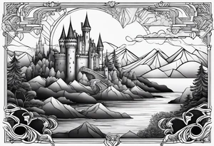 Blackwork castle in fantasy landscape tattoo idea