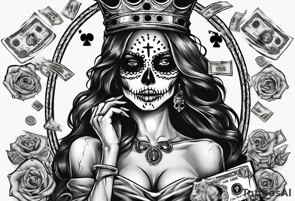 santa la muerta with money and crown
on the card tattoo idea