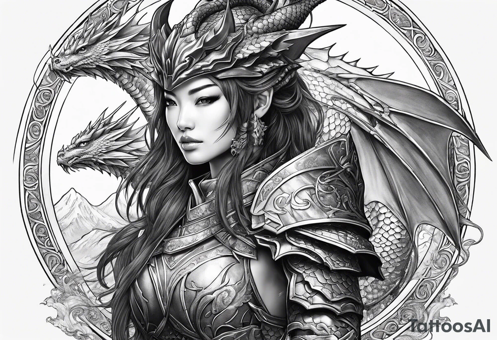 beautiful warrior woman wearing dragon armor and a dragon flying tattoo idea