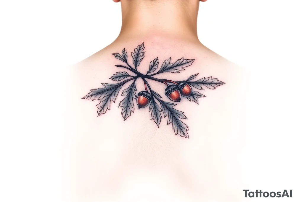 oak branch with thick leaves and acorns tattoo idea