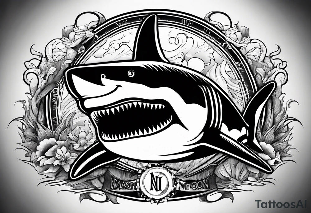 i wanted to have the megalodon ni text vertically with the shark and the water wrapping around the text tattoo idea