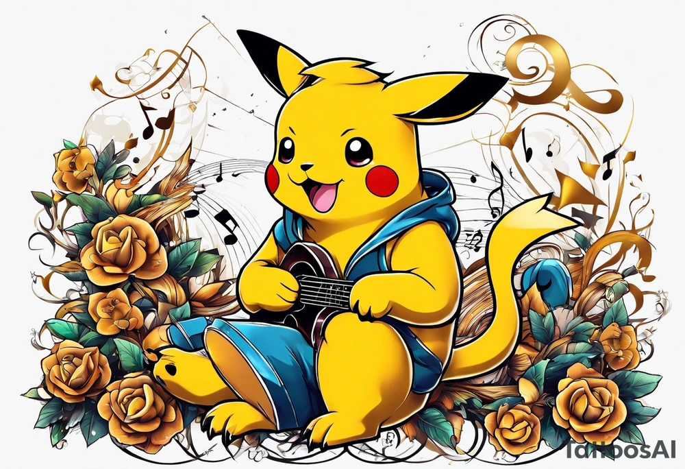 pickachu sitting on a lion listening to music with music notes and thinder bolts tattoo idea