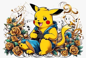 pickachu sitting on a lion listening to music with music notes and thinder bolts tattoo idea