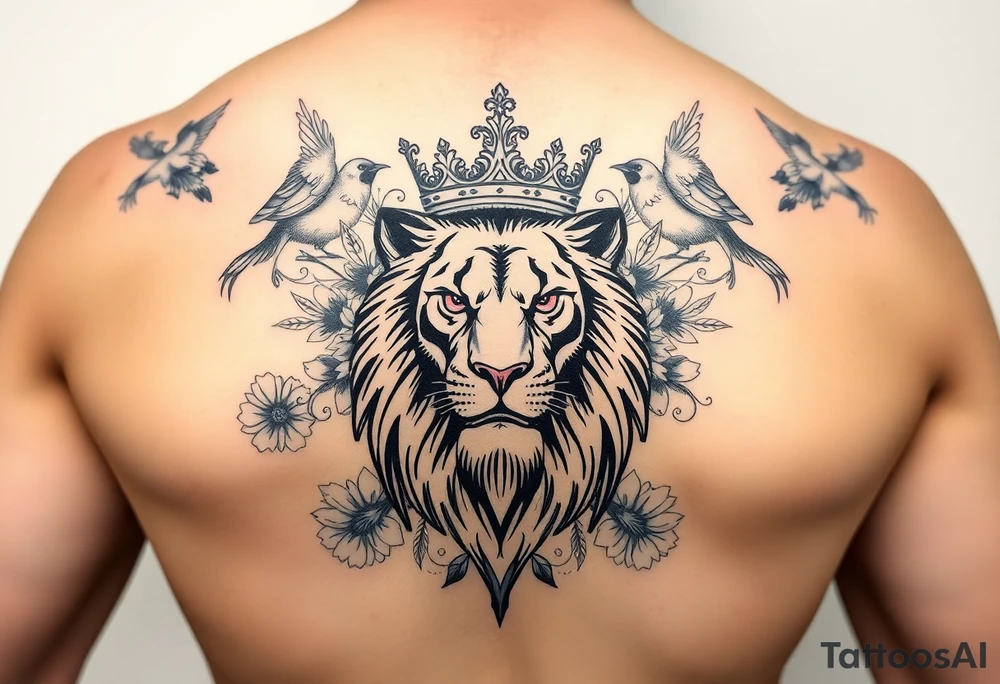 powerful majestic lion with a crown, surrounded by floral ornaments and birds tattoo idea