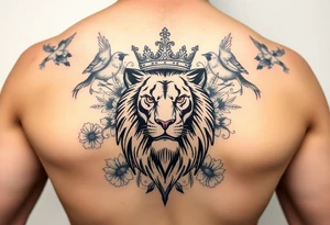 powerful majestic lion with a crown, surrounded by floral ornaments and birds tattoo idea