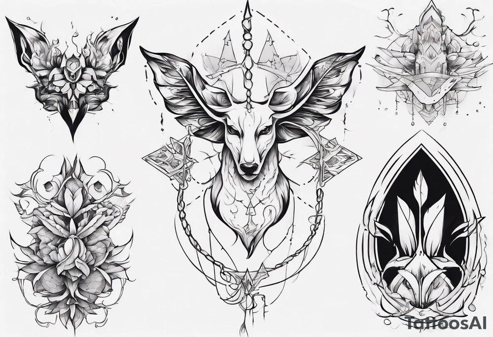 Create a tattoo with five separate images that are connected vertically by a single line tattoo idea
