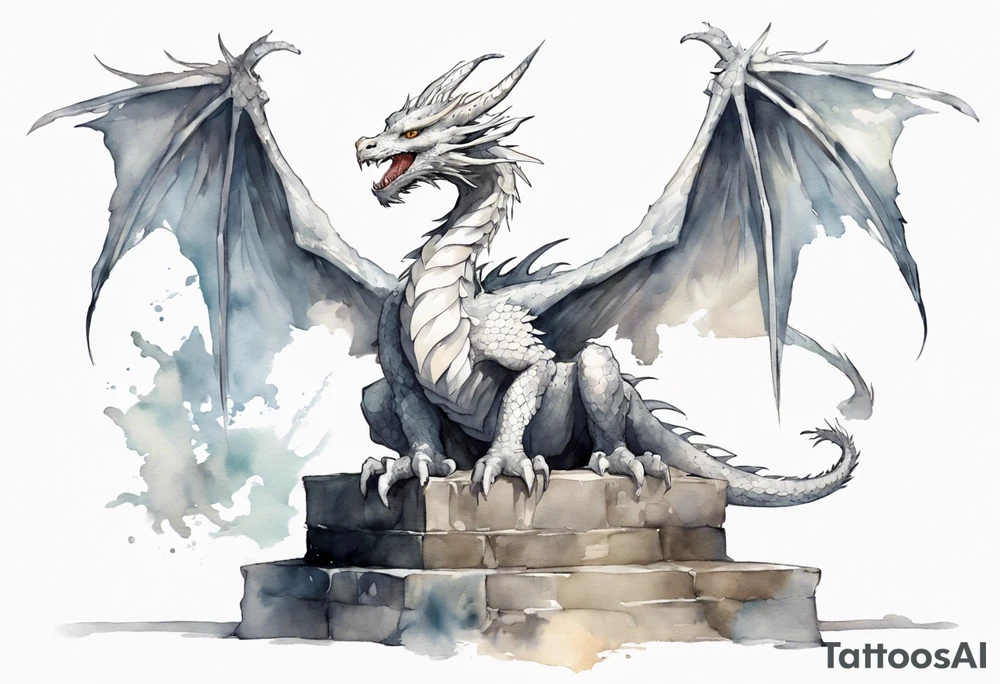 a white feathered dragon wearing a plain iron diadem, standing on a stone throne tattoo idea