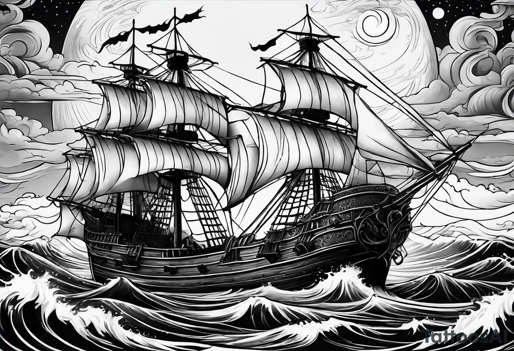 An old pirate ship sailing through rough waters during the night with a full moon tattoo idea