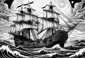 An old pirate ship sailing through rough waters during the night with a full moon tattoo idea