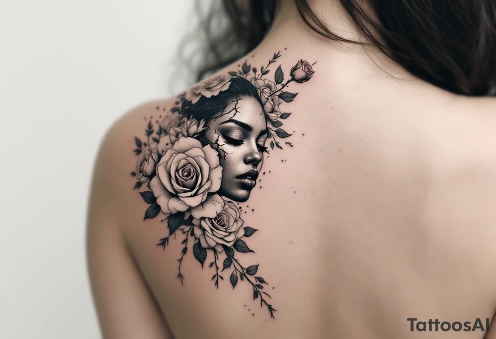 Broken Black woman surrounded by roses that shows the good and evil of humanity tattoo idea