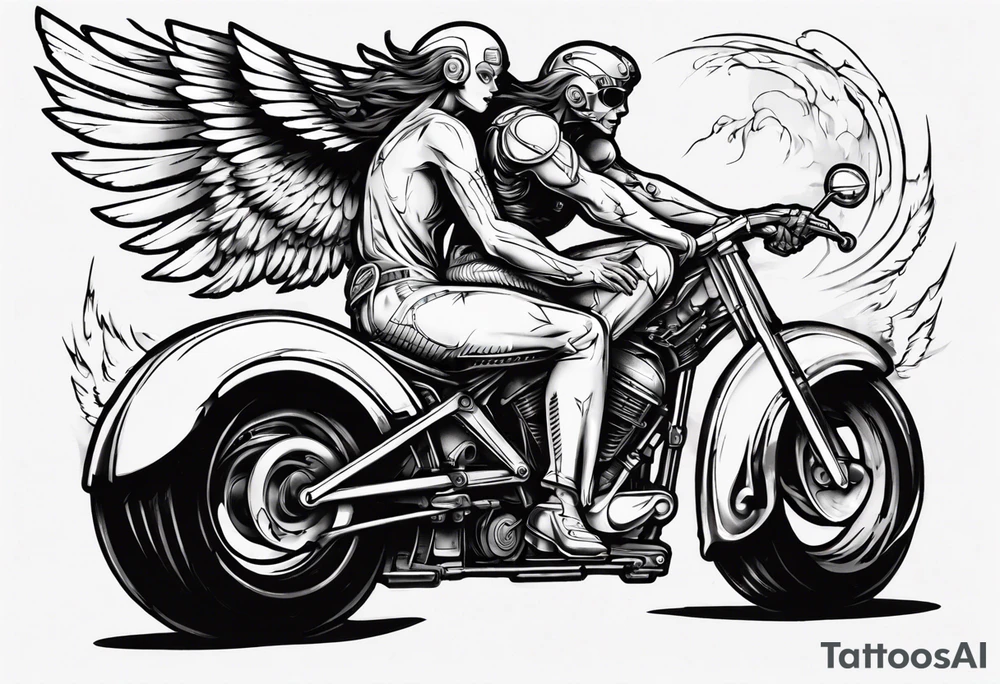 cyber angel riding a motorcycle, dynamic stance tattoo idea cyber angel riding a motorcycle, dynamic stance tattoo idea