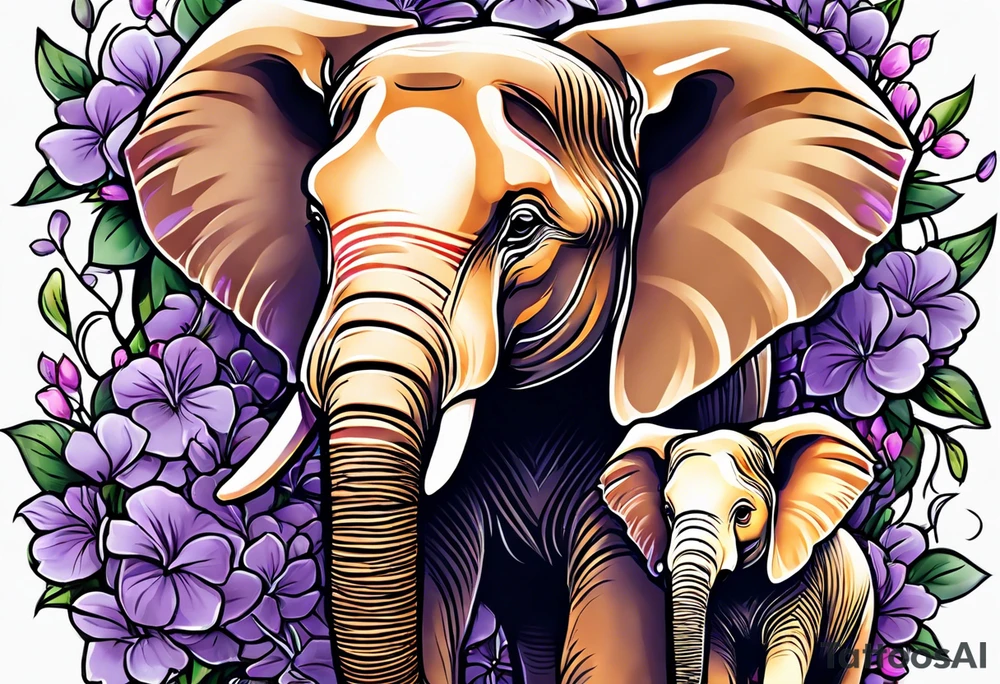Elephant with baby Elephant holding lilacs tattoo idea