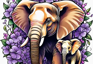 Elephant with baby Elephant holding lilacs tattoo idea