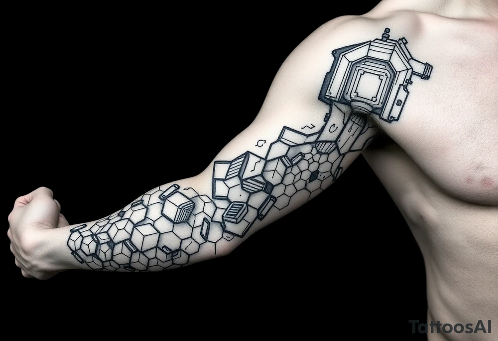 design a full “sleeve” tattoo that consists of a base layer of abstract hexagon pattern overlaid with a little blackwork abstract while incorporating the top tattoo and integrating slight biomech designs tattoo idea