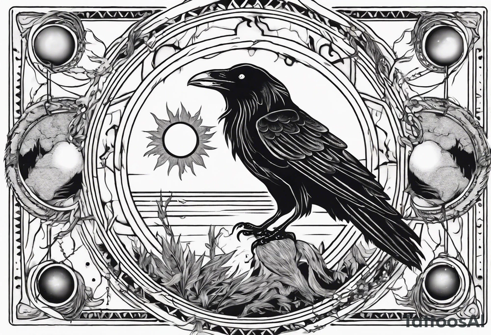 Cunning Raven with the Sun. Tarot card. tattoo idea