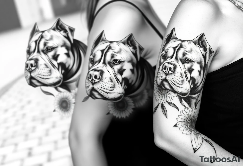 Three very thick muscled up pitbull portraits fading into the background as filler incorporate sunflowers, an old road made from pavers tattoo idea