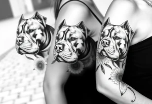 Three very thick muscled up pitbull portraits fading into the background as filler incorporate sunflowers, an old road made from pavers tattoo idea