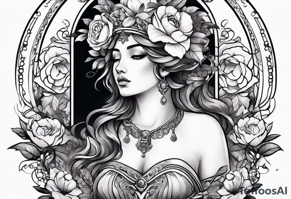 Sleeve with blind Themis and flowers tattoo idea