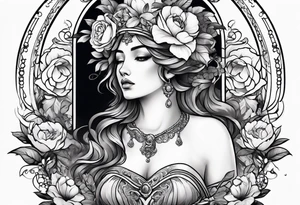 Sleeve with blind Themis and flowers tattoo idea
