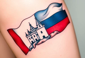 A typical blue, white, red Czech flag waving behind a medieval castle tattoo idea