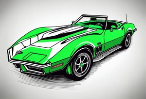 A skeleton smoking a cigarette driving a 1976 green Corvette tattoo idea