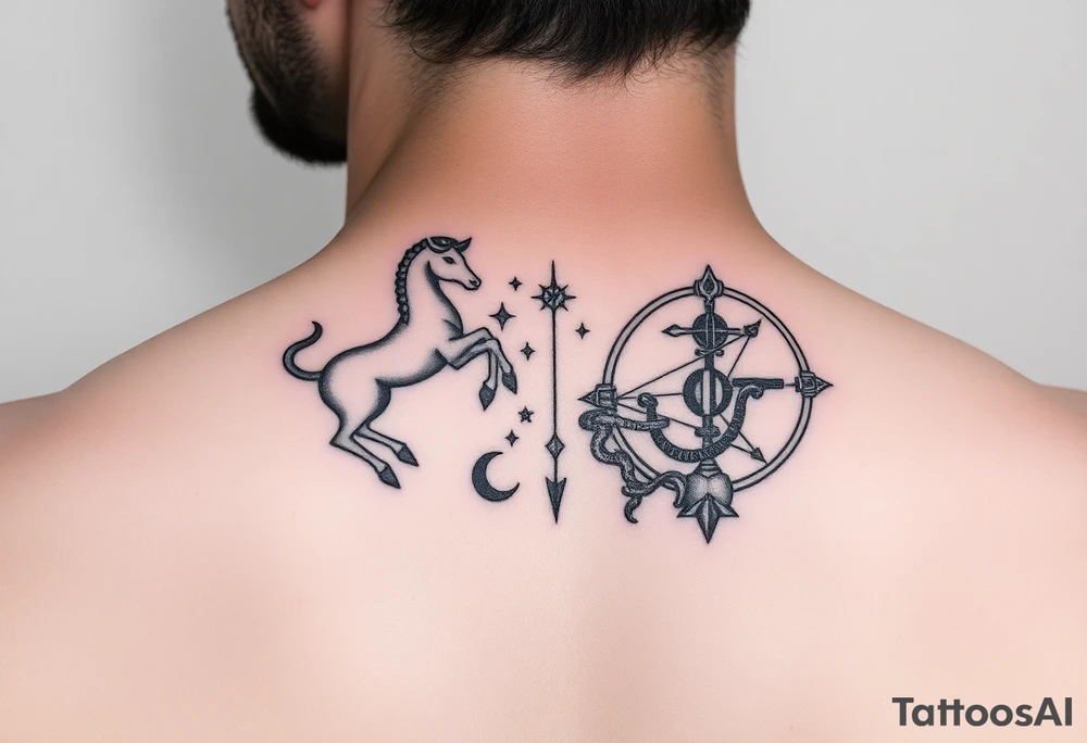 combine the symbols for capricorn and sagittarius with some celestial items interspersed small and combine them together and use the zodiac symbol tattoo idea