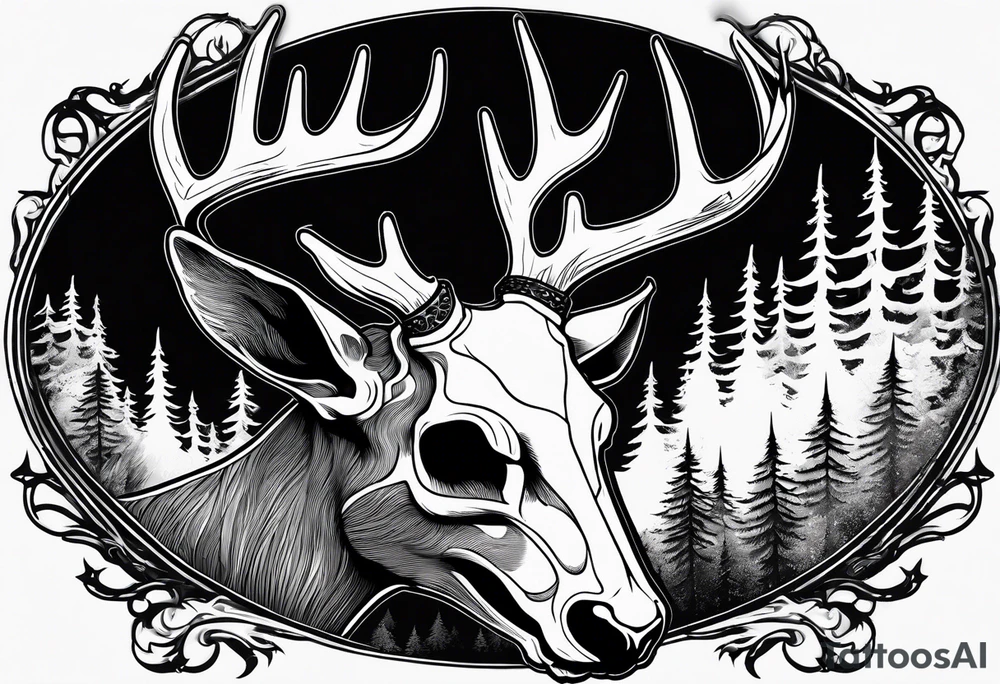 A SCARY side view of a decayed deer skull NO SKIN JUST BONE surrounded by a forest fire in background tattoo idea