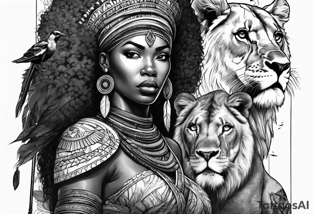 African woman warrior holding a spear with birds and lion in the background tattoo idea
