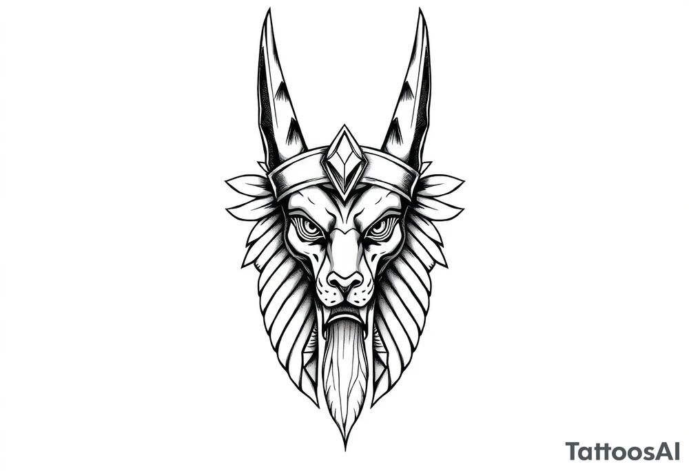powerful majestic muscle anubis Egyptian god face without eyes with mantle on head tattoo idea