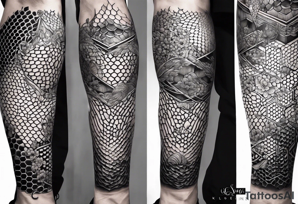 Honeycomb ocean full leg sleeve male tattoo idea