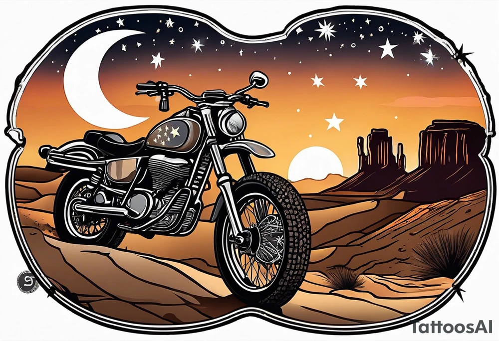 Acoustic Guitar by a campfire with a desert landscape and dirt bike silhouette and a half moon and stars tattoo idea