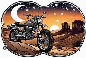 Acoustic Guitar by a campfire with a desert landscape and dirt bike silhouette and a half moon and stars tattoo idea
