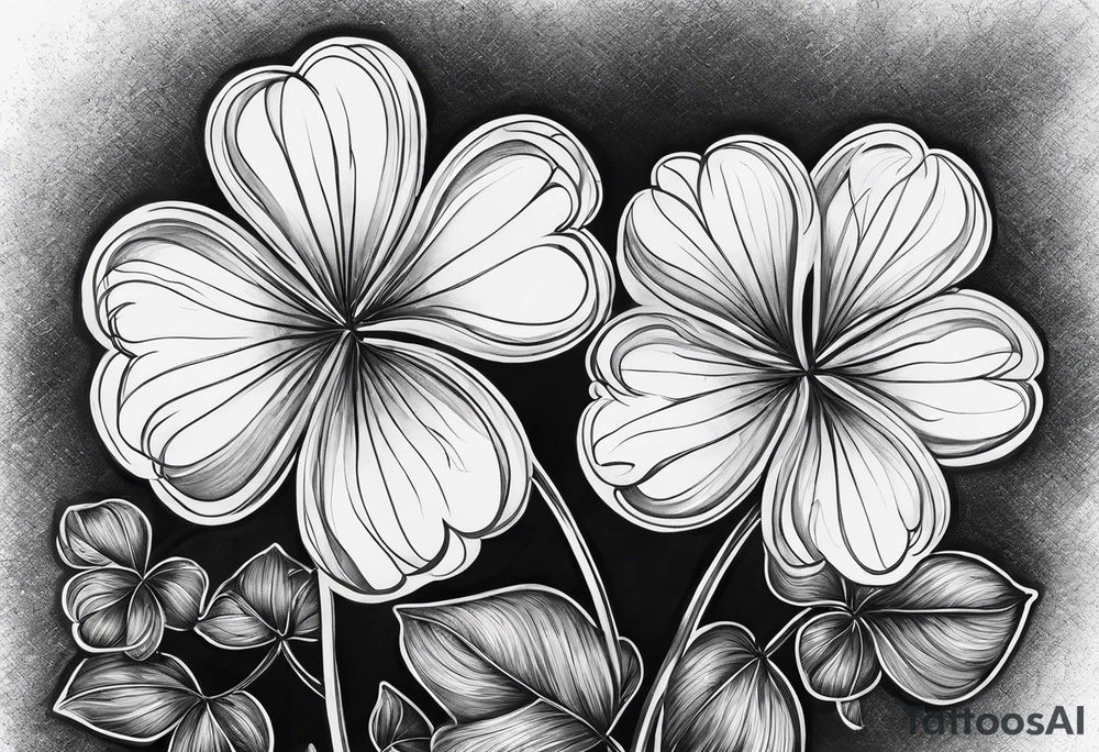 Two impressionist lightly drawn clovers with the name Liam on one stem and Sully on the other stem tattoo idea