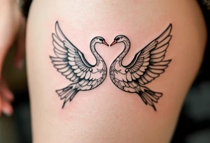 A pair of birds (e.g. swans or robins) in soft hues flying side by side reflects love, teaching, and lifelong companionship. tattoo idea