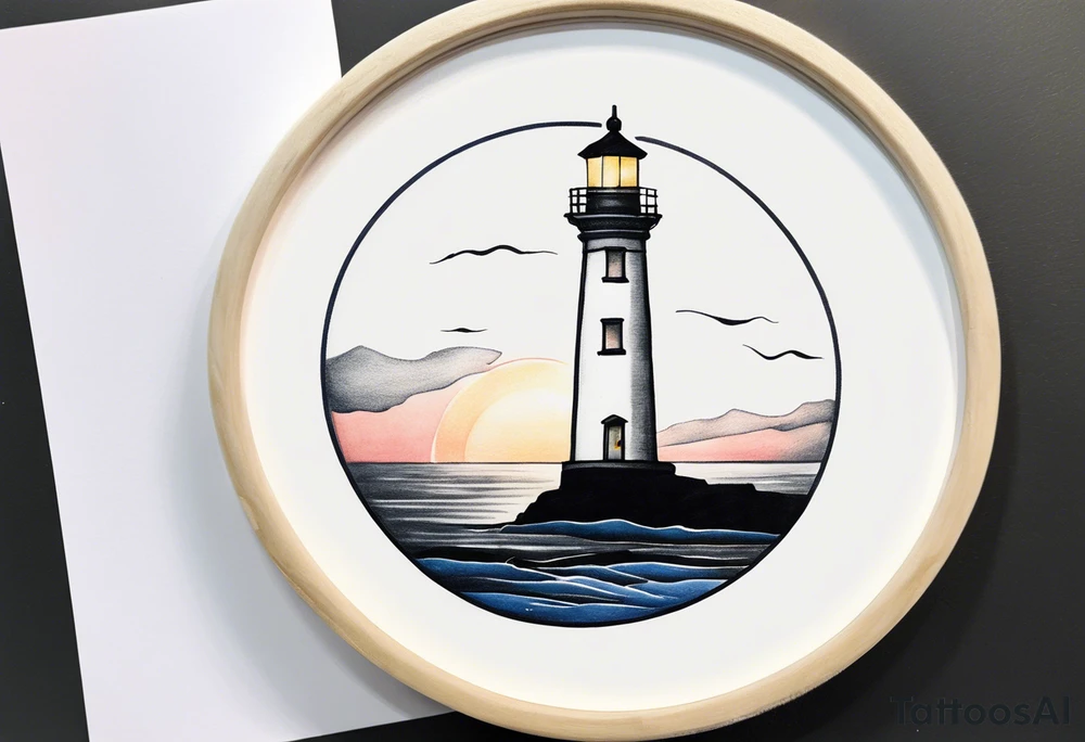 lighthouse a bit realist, night, circle framed tattoo idea