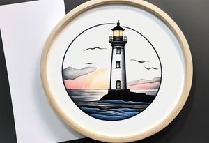 lighthouse a bit realist, night, circle framed tattoo idea