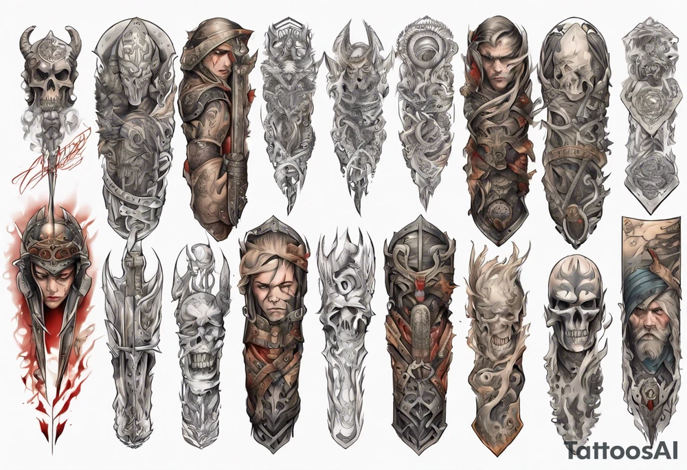 warrior sleeve with heathen writing tattoo idea