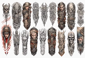 warrior sleeve with heathen writing tattoo idea