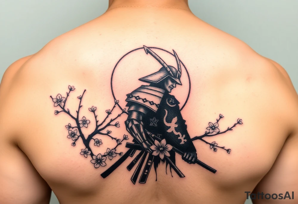 noble samurai warrior silhouette at sunset with cherry blossoms tattoo idea
