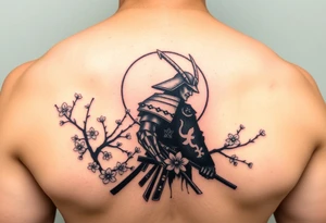 noble samurai warrior silhouette at sunset with cherry blossoms tattoo idea